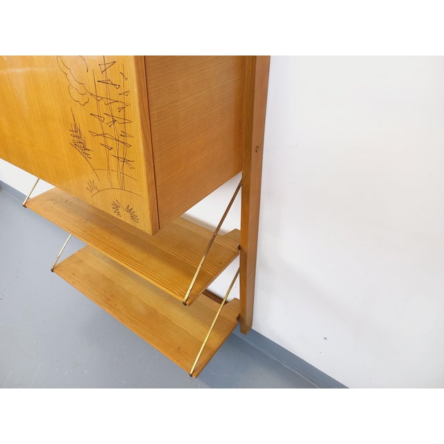 Wall-Mounted Bookcase with Light Wood and Brass, 1960s For Sale - Image 14 of 18