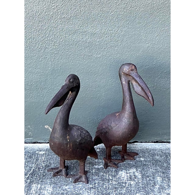 Mid-Century Modern Vintage Boho Patinated Wrought Iron Pelicans - Set of 2 For Sale - Image 3 of 7
