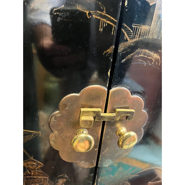 Henredon Black Lacquer Chinoiserie Chest on Stand Television Tv Cabinet Bar For Sale - Image 11 of 16