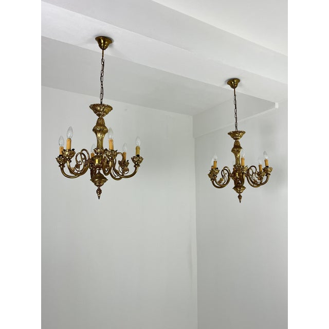 6-Light Venetian Brass and Murano Glass Chandeliers, 1960s, Set of 2 For Sale - Image 13 of 14