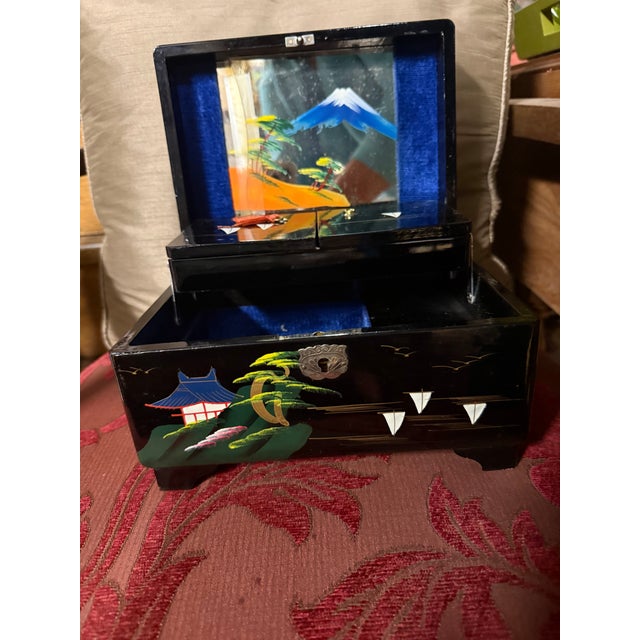 Asian Style Mid 20th Century Japanese Black Lacquer Mount Fuji Music Box With Inlaid Mother-of-Pearl For Sale - Image 4 of 8