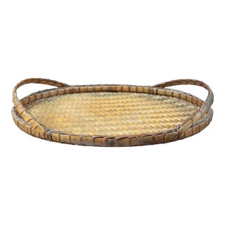 Vintage Chinese Woven Rattan & Bamboo Oval Serving Tray With Handles For Sale