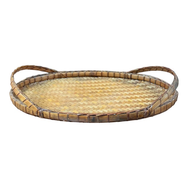 Vintage Chinese Woven Rattan & Bamboo Oval Serving Tray With Handles For Sale