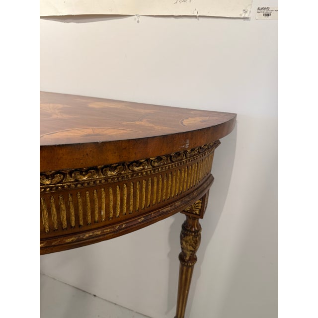 Vintage Louis XVI Style Giltwood Marquetry Demilune Console Table For Sale - Image 4 of 9