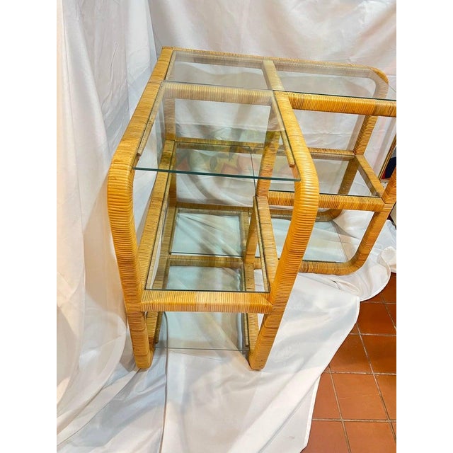 Wood 1970's Bielecky Brothers Wrapped Rattan and Glass Waterfall Corner Etagere For Sale - Image 7 of 14