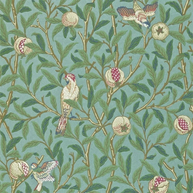 This delightful wallpaper design shows birds swooping perching and pecking amidst branches of foliage and pomegranate...