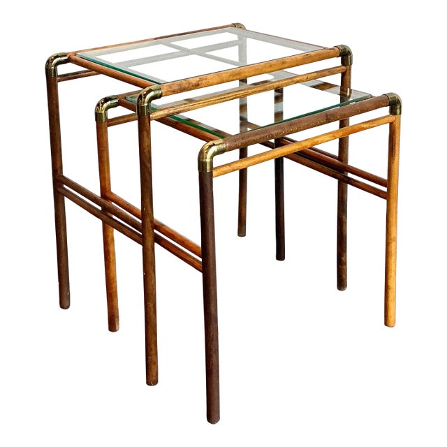 Vintage MCM Burlwood and Brass Nesting Tables - Set of 2 For Sale
