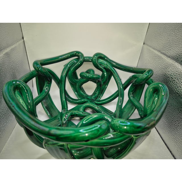 1980s Postmodern Green Ceramic Braided Woven Abstract Centerpiece Bowl For Sale - Image 5 of 11