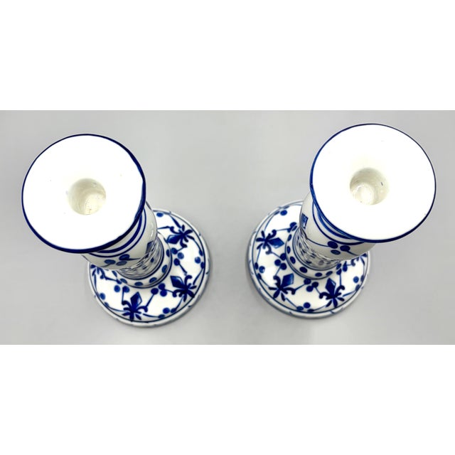 Vintage French Fleur-De-Lis Blue & White Porcelain Candlesticks - A Pair For Sale - Image 4 of 8