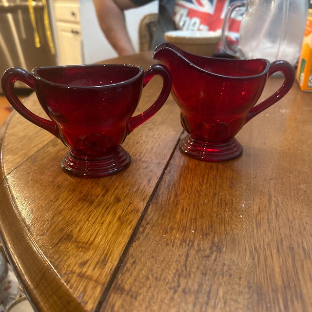New Martinsville Ruby Moondrops pattern Open Sugar and Creamer. This is Elegant Glass by New Martinsville that was made...