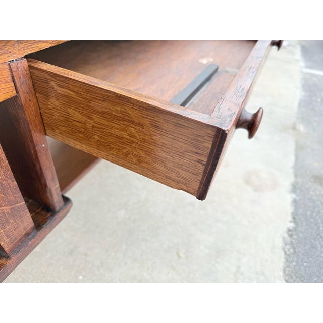 Early 20th Century Antique Art & Craft Style Quarter Swan Oak Library Table Desk For Sale - Image 11 of 12