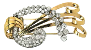 Diamond 18k Two Tone Gold Fancy Earrings & Brooch Pin Set