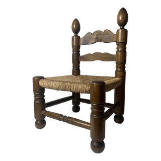 Wood Turned Bobbin Low Rush Chair in the style of Charles Dudouyt, France, 1950s For Sale