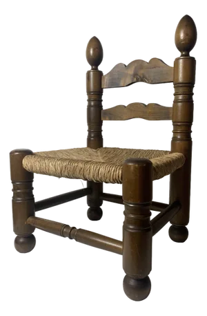 Wood Turned Bobbin Low Rush Chair in the style of Charles Dudouyt, France, 1950s