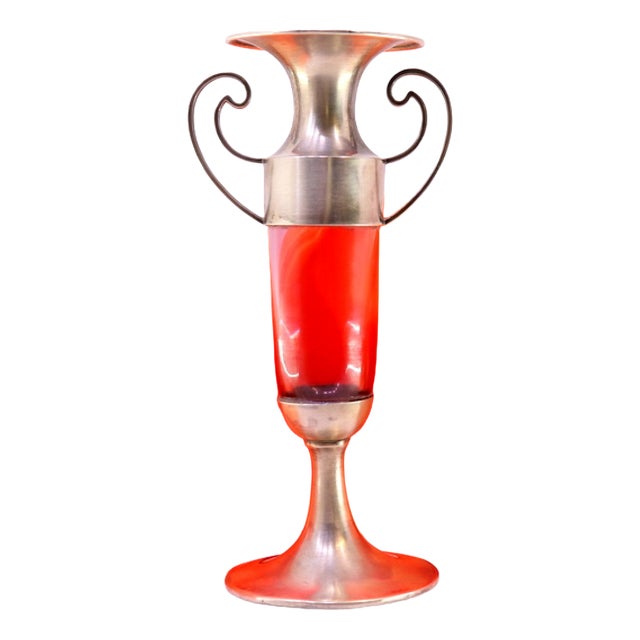 Silver Candlestick with Handles, Lilac Glass Core and Smooth Circular Base For Sale