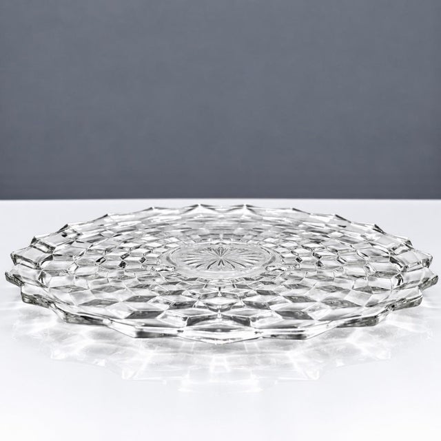 Fostoria Glass Company Vintage Fostoria American Clear Glass Block Optic Three Footed Cake Torte Plate For Sale - Image 4 of 8