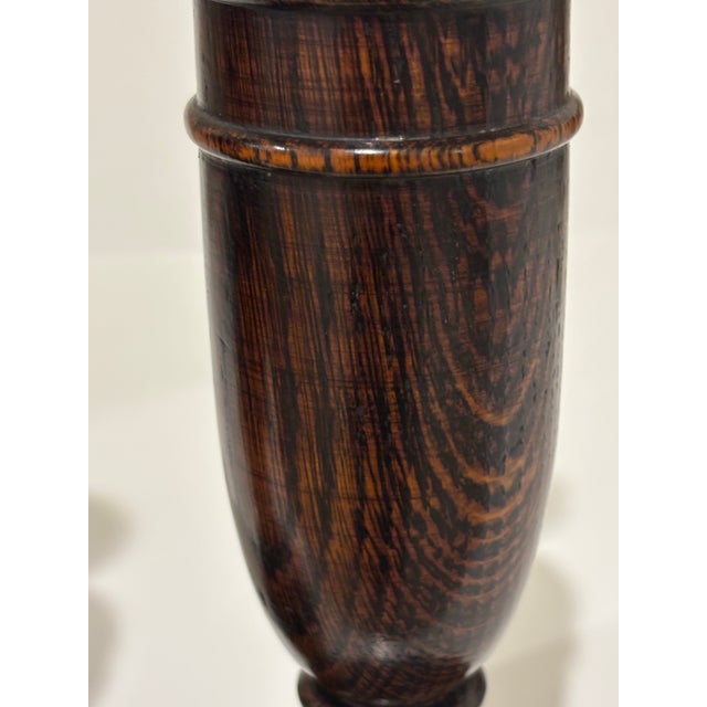 Antique English Oak Turned Candlesticks With Brass Candle Cups - A Pair For Sale - Image 4 of 13