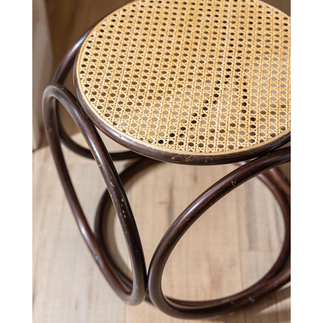 Pair of Vintage Modernist Bent Rattan & Cane Stools / Side Tables, 1970s For Sale - Image 10 of 11