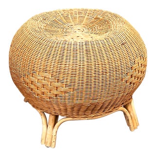 Vintage Woven Wicker & Bamboo Pouf Ottoman / Footstool For Sale