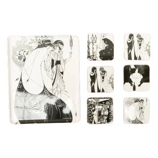 Vintage Italian Plastic Tray & Coasters with Aubrey Vincent Beardsley Designs from Mebel, Set of 7 For Sale