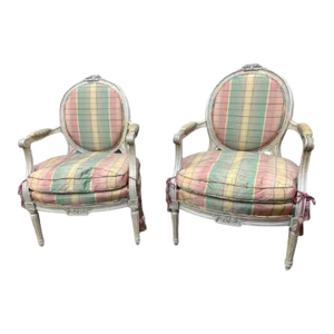 Mid 20th Century Pair French Vintage Louis XVI Style White Enamel Painted Upholstered Fauteuils