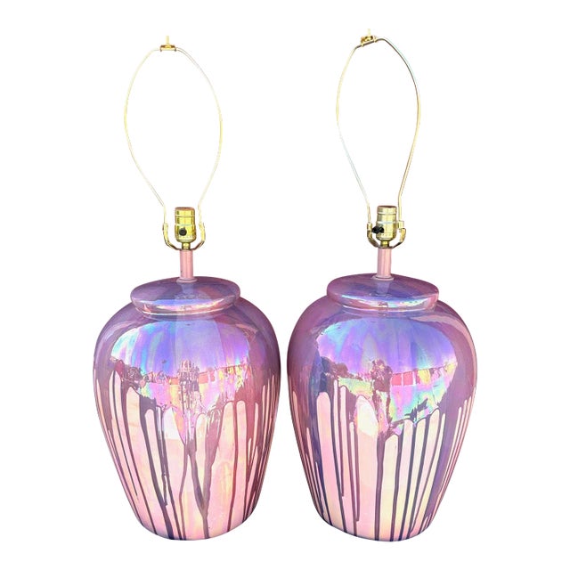 Vintage Iridescent Drip Glaze Ginger Jar Table Lamps-A Pair For Sale