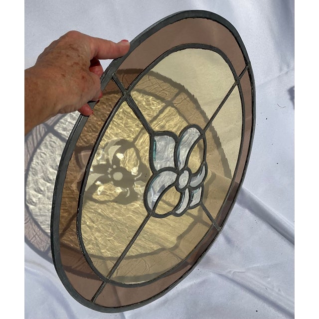 Large Vintage Round Slag Stained Glass and Beveled Glass Round Panel/Window For Sale - Image 4 of 11
