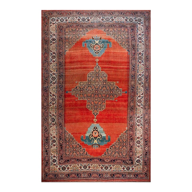 1880s Red Open Field Medallion W. Persian Bijar Rug 11'3" X 18' Handknotted Wool Carpet For Sale