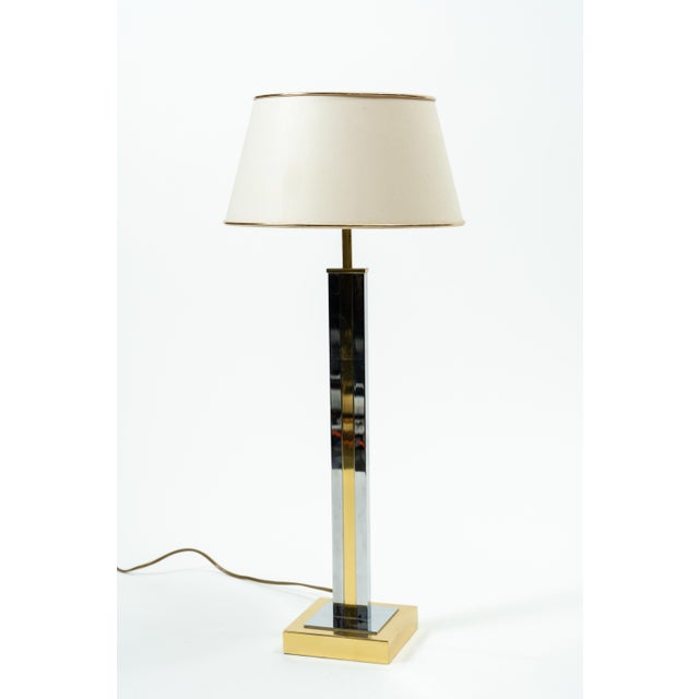 Modern Hollywood Regency Table Lamp in Gold and Chrome with Fabric Shade from Maison Jansen, 1970s For Sale - Image 3 of 5