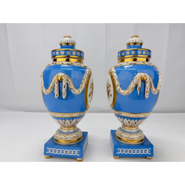 KPM Porcelain 19th C. Kpm Porcelain Celestial Blue Ground & Grisaille Window Urns - Pair For Sale - Image 4 of 10
