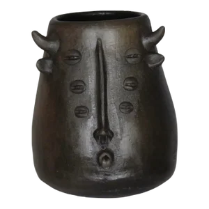 Vintage Black Clay Six-Eyed Minotaur Vessel