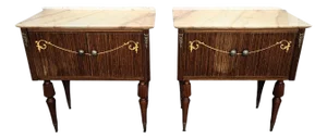 Italian Art Deco Nightstands in Burl Veneer Wood with Marble Top, 1950s, Set of 2