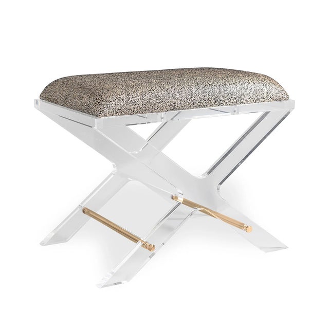 Uber chic clear lucite X shaped accent upholstery--our Delano Bench is the perfect vanity stool and/or designer accent...