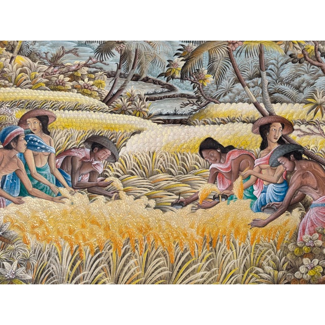 1980s Vintage Kasta Asian Traditional Balinese Rice Farmers in Ubud Acrylic Painting For Sale - Image 5 of 12