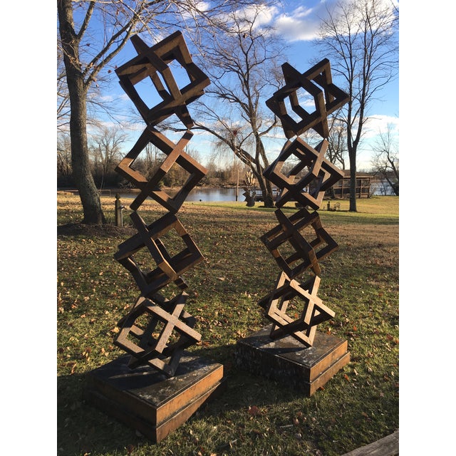 Large Contemporary Steel Cube Sculptures / Statues a Pair Chairish