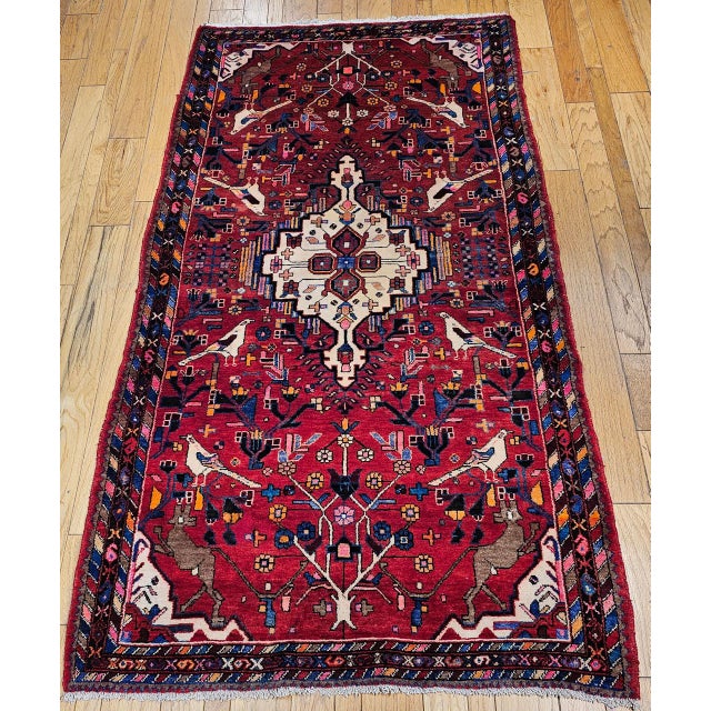 Vintage Persian Hamadan Gallery Area Rug, Hand-Knotted Wool, Tribal Bird Pattern, 6x10, Red & Navy For Sale - Image 10 of 18