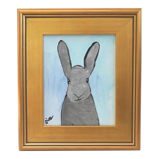 Folk Art Gray Bunny Rabbit Hare Oil Painting Including the Antiqued Gold Wood Frame For Sale