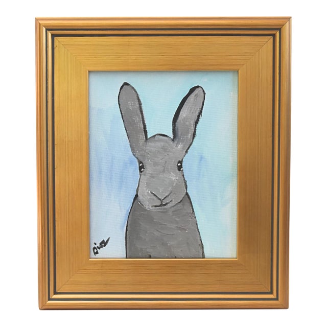 Folk Art Gray Bunny Rabbit Hare Oil Painting Including the Antiqued Gold Wood Frame For Sale