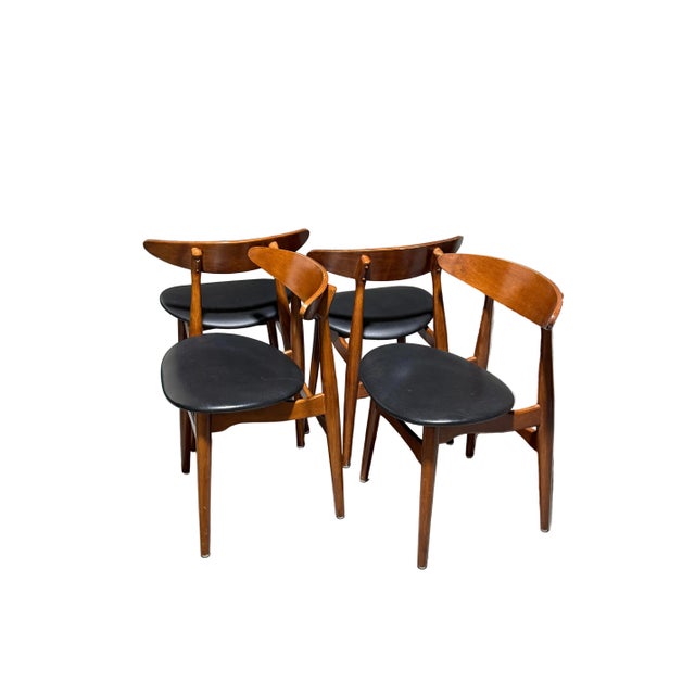 Mid-Century Modern Vintage Set of 4 Greta Dining Chairs in Teak Wood and Black Leather For Sale - Image 3 of 9
