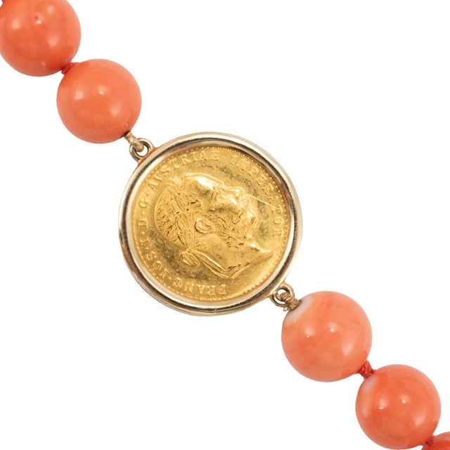 Vintage 18k Yellow Gold 1915 23k Austrian Gold Coin Coral Bead Station Necklace For Sale - Image 4 of 8