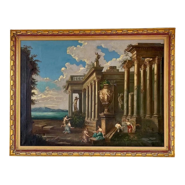 Architectural Capriccio of Roman Ancient Ruins With Figures. For Sale