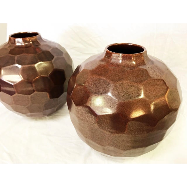 Large Geometric Honeycomb Style Ceramic Vases With Copper Glaze- a Pair For Sale - Image 4 of 9