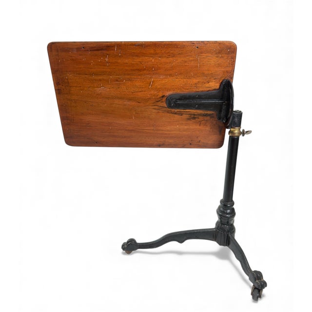 19th Century Antique Cast Iron Drafting Reading Side Table or Desk, Adjustable Lectern With Oak Top & Paw Foot Base For Sale In Houston - Image 6 of 12
