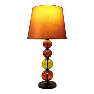 Vintage Pier 1 Amber Glass Pumpkin Table Lamp Art Nouveau Copper Shade Cozy 60s 70s Retro Autumn Whimsy Decor Nostalgic Fall Lighting For Sale