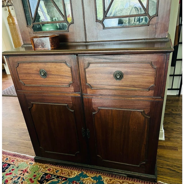 American Antique Mahogony 13 Glass Pane Stepback Display Cupboard For Sale - Image 3 of 12
