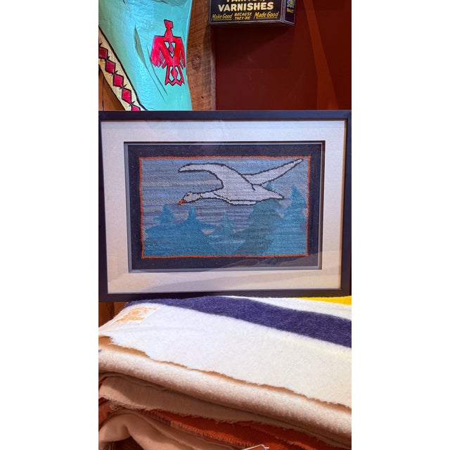 Folk Art Vintage 1930s Grenfell Hooked Mat Snow Goose Newfoundland Labrador Framed Folk Art For Sale - Image 3 of 11