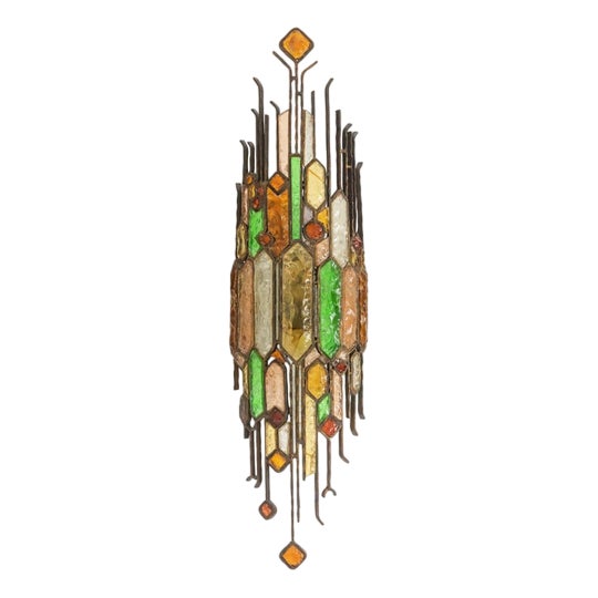 Wall Lamp in Wrought Iron and Colored Glass. 1960s For Sale