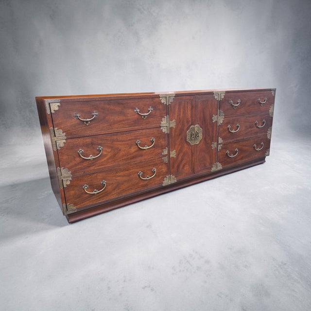 Beautiful 9 drawer (6with 3 concealed by center doors) 80” long mahogany credenza. Excellent overall quality From the Pan...