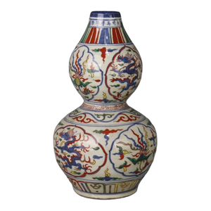 Chinese Vintage Ceramic Vase,Ming Dynasty Wanli Marked Blue and White Doucai Porcelain Plum Gourd Hand Painted Dragon and Phoenix Pattern