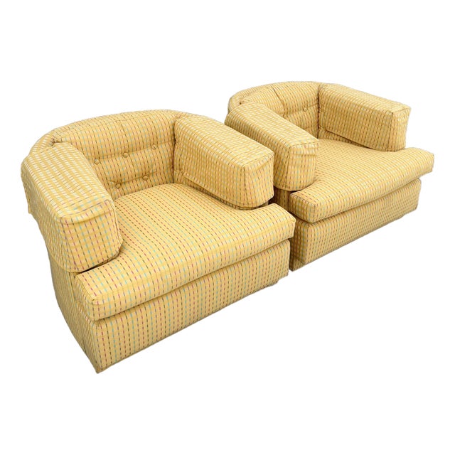 Vintage Mid Century Yellow Tufted Swivel Barrell Chairs With Pink Purple and Blue Stripes - A Pair For Sale